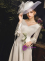 Exquisite White Satin V-neck Long Sleeve Backless Wedding Dress With Bow