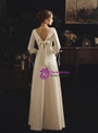 Exquisite White Satin V-neck Long Sleeve Backless Wedding Dress With Bow