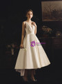 Best Beige White Satin V-neck Hi Lo Backless Wedding Dress With Bow