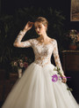 Elegant White Bateau Tulle Lace Appliques Long Sleeve Backless Wedding Dress