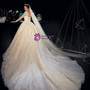 Glamorous Champagne Ball Gown Sequins Tulle Long Sleeve Wedding Dress