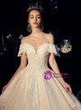 Wonderful Champagne Tulle Lace Appliques Off the Shoulder Beading Wedding Dress With Long Train