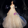 Wonderful Champagne Tulle Lace Appliques Off the Shoulder Beading Wedding Dress With Long Train