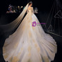 Romantic Champagne Tulle Lace Appliques Short Sleeve Beading Wedding Dress