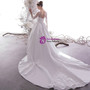 White Ball Gown Satin Puff Sleeve Appliques Beading Backless Wedding Dress
