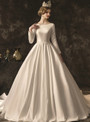 Hot Sale White Ball Gown Satin Long Sleeve Appliques Beading Wedding Dress With Train