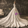 Hot Sale White Ball Gown Satin Long Sleeve Appliques Beading Wedding Dress With Train