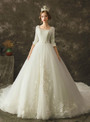 White Ball Gown Tulle Lace Appliques Square Neck Half Sleeve Wedding Dress