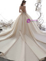 Champagne Ball Gown Satin Spaghetti Straps Beading Flower Wedding Dress With Long Train