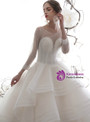 Champagne Ball Gown Long Sleeve Tulle Beading Sequins Backless Wedding Dress