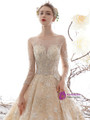 Brilliant Champagne Ball Gown Tulle Sequins Long Sleeve Backless Appliques Wedding Dress