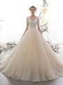 Gorgeous Champagne Ball Gown Tulle Short Sleeve V-neck Appliques Wedding Dress With Beading