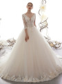 Light Champagne Ball Gown Tulle V-neck Backless Half Sleeve Wedding Dress With Beading