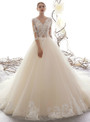 Champagne Tulle Lace Appliques Half Sleeve See Through Wedding Dress With Train