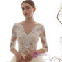 Champagne Tulle Lace Appliques Half Sleeve See Through Wedding Dress With Train
