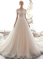 Champagne Ball Gown Tulle Sequins Lace Off the Shoulder Appliques Wedding Dress