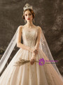 Champagne Ball Gown Tulle Appliques Open Back Wedding Dress With Train