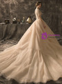 Champagne Ball Gown Tulle Sequins Short Sleeve V-neck Wedding Dress With Beading