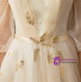 Champagne Tulle V-neck Cold Shoulder Puff Sleeve Appliques Wedding Dress