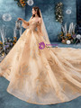 Champagne Gold Ball Gown Tulle Sequins Off the Shoulder Puff Sleeve Wedding Dress