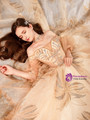 Champagne Gold Ball Gown Tulle Sequins Off the Shoulder Puff Sleeve Wedding Dress