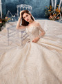 Impressive Champagne Tulle Long Sleeve Backless Appliques Wedding Dress With Beading
