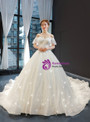 Ivory White Ball Gown Tulle Sequins Off the Shoulder Appliques Wedding Dress With Train