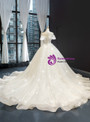 Ivory White Ball Gown Tulle Sequins Off the Shoulder Appliques Wedding Dress With Train