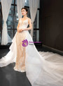 Luxurious Champagne Spaghetti Straps Mermaid Lace White Tulle Wedding Dress With Removable Train