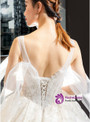 White Ball Gown Tulle Star Embrodiery Lace Backless Luxury Wedding Dress