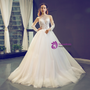 White Ball Gown Tulle Lace Appliques High Neck Floor Length Wedding Dress