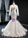 White Mermaid Tulle Lace Long Sleeve Backless Wedding Dress With Removable Train