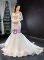 White Mermaid Tulle Lace Long Sleeve Backless Wedding Dress With Removable Train