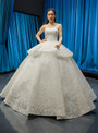 White Ball Gown Lace Sequins Strapless Sleeveless Floor Length Wedding Dress