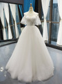 A-Line White Tulle Appliques Cold Shoulder Backless Floor Length Wedding Dress