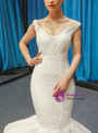 Modern White Mermaid Satin Sequins Appliques V-neck Backless Floor length  Wedding Dress