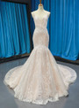 Sexy Champagne Mermaid Tulle Lace Spaghetti Straps Sleeveless Wedding Dress