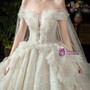Champagne Tulle Sequins Off the Shoulder Beading Wedding Dress With Train