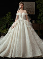 Champagne Tulle Sequins Off the Shoulder Beading Wedding Dress With Train