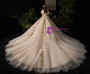 Dark Champagne Ball Gown Tulle Appliques Puff Sleeve Backless Wedding Dress