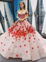 Pink Ball Gown Off The Shoulder Appliques Backless Sweet 16 Prom Dresses