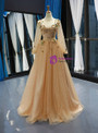 A-Line Champagne Gold Tulle Sequins Long Sleeve Appliques Prom Dress