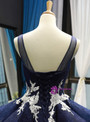 Navy Blue Ball Gown Lace White Lace Appliques Backless Floor Length Prom Dress