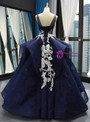 Navy Blue Ball Gown Lace White Lace Appliques Backless Floor Length Prom Dress