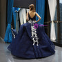 Navy Blue Ball Gown Lace White Lace Appliques Backless Floor Length Prom Dress