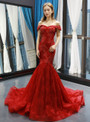 Sexy Burgundy Lace Mermaid Off The Shoulder Prom Dress With Beading