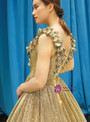 Ball Gown Gold Sequins V-neck Appliques Sleeveless Prom Dress With Train