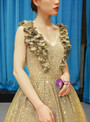 Ball Gown Gold Sequins V-neck Appliques Sleeveless Prom Dress With Train