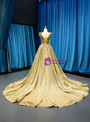 Ball Gown Gold Sequins V-neck Appliques Sleeveless Prom Dress With Train