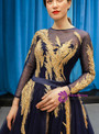 Romantic Navy Blue Tulle Long Sleeve Backless Prom Dress With Beading Sequins